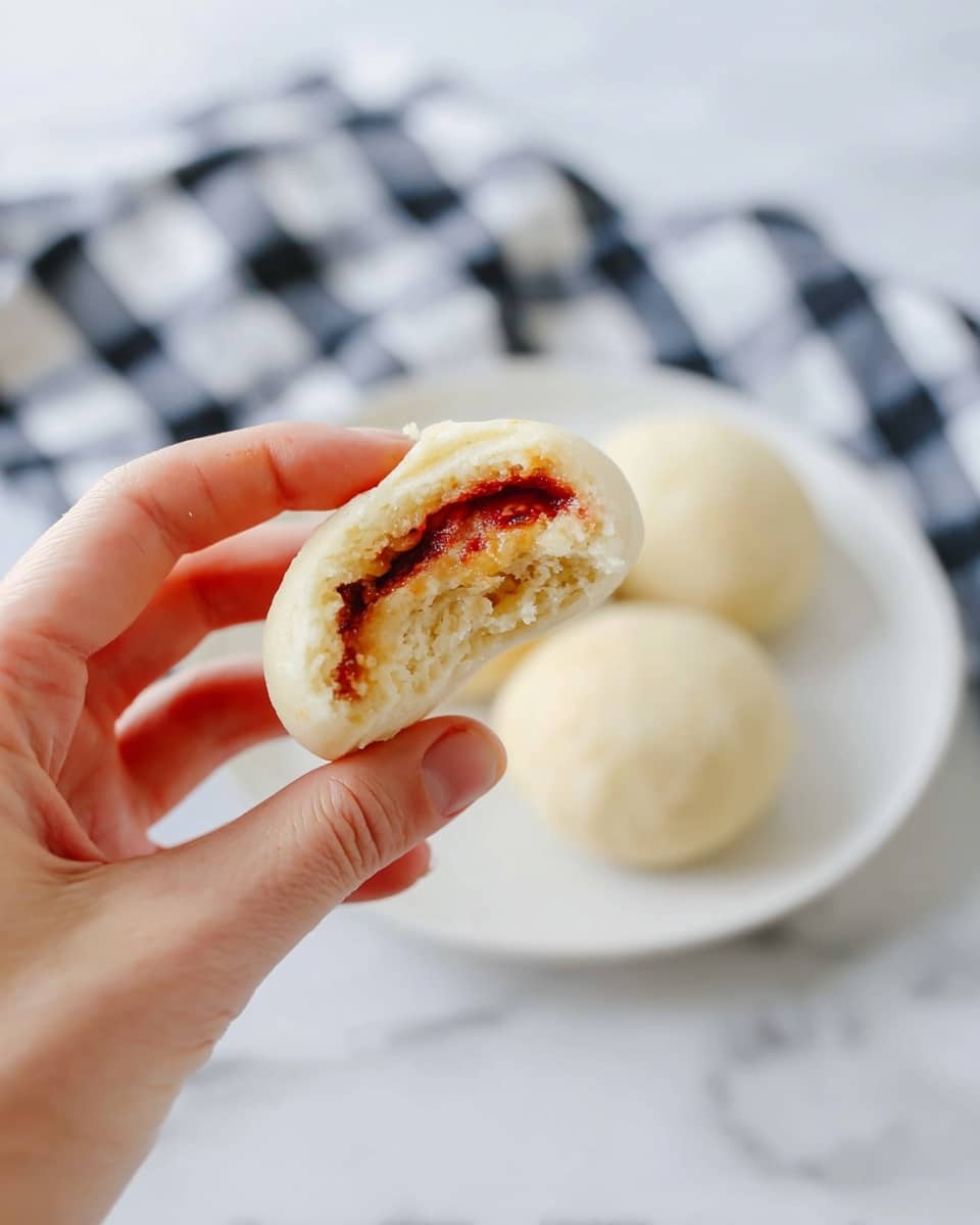 A close-up of a woman's hand holding a soft, pale dough ball with a bite revealing three layers inside: a thin red layer near the top, a slightly melted yellow layer underneath it, and a firmer golden-brown layer at the bottom. In the blurred background, two similar dough balls rest on a white plate placed on a white marbled surface with a black and white checkered cloth partially visible. The image is bright and clean with a focus on the texture of the dough and filling photo taken with an iphone --ar 4:5 --v 7