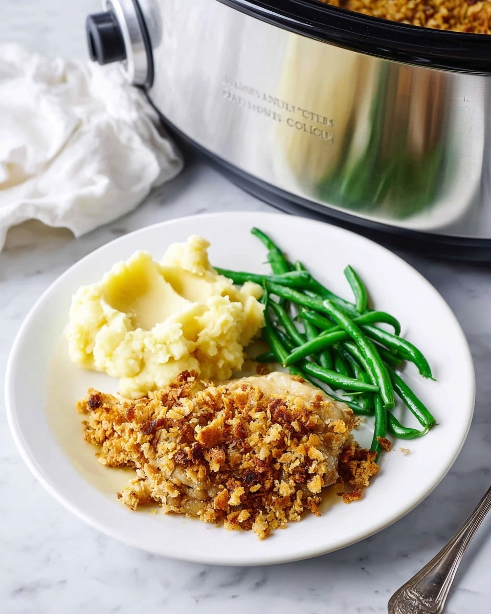 The white plate shows three sections of food on a white marbled surface: a creamy, pale yellow mound of mashed potatoes in the top left, a pile of bright green steamed green beans to the right, and a piece of meat topped with a chunky, golden brown crunchy crust covering the lower left side. The crunchy topping has a textured, crumbly look with fried bits, and the meat underneath is pale yellow and partially visible. In the background, there is a shiny silver slow cooker with a black knob and spoon inside. photo taken with an iphone --ar 4:5 --v 7