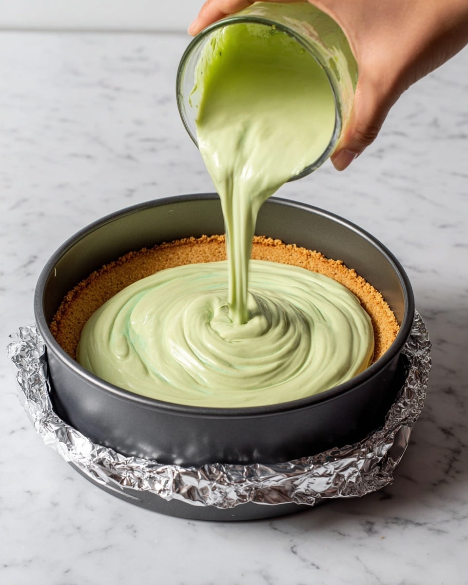 A black round springform pan is sitting on a white marbled surface, wrapped around the base in shiny silver foil. The pan holds a crumbly golden brown crust layer on the bottom. A creamy, thick light green mixture is being poured on top of the crust from a glass container held by a woman's hand, forming smooth swirls as it fills the pan. The green layer is glossy and smooth, covering the crust evenly as it spreads. Photo taken with an iphone --ar 4:5 --v 7