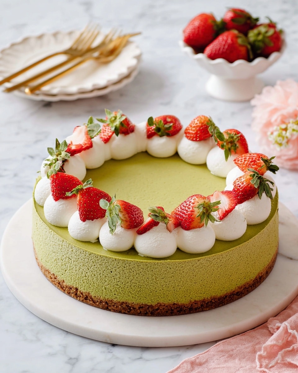 A round matcha cheesecake with two visible layers, a light brown crumbly base at the bottom and a thick, smooth green top layer. On the top, there is a ring of white whipped cream dollops evenly spaced around the edge, each topped with a half strawberry that is bright red with green leaves. The cake is on a white marble round board, placed on a white marbled surface. Nearby are gold forks, a white scalloped plate, a pink cloth, and a white bowl filled with whole strawberries. photo taken with an iphone --ar 4:5 --v 7