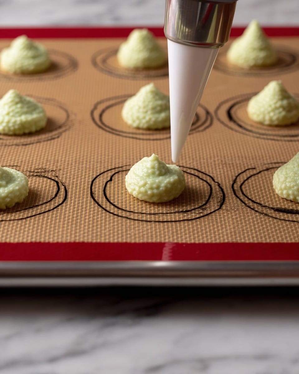The image shows a close-up of a baking tray with a light brown silicone baking mat that has black and red circular guides. On the mat, there are soft dollops of pale green batter being piped out from a metal nozzle attached to a white piping bag. The batter forms small round mounds with smooth, slightly bumpy texture, positioned within the circles on the baking mat. The edge of the metal baking tray is visible at the bottom, showcasing subtle signs of use. The scene is lit naturally and set against a white marbled surface. photo taken with an iphone --ar 4:5 --v 7