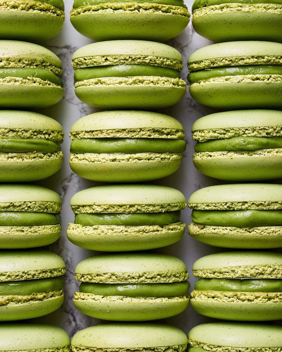This image shows a close-up of green macarons arranged tightly in rows. Each macaron has two smooth, light green shells with a slight rough texture on the edges where they meet the filling. Between the shells is a thick, smooth, darker green cream filling that looks soft and glossy. The macarons are placed on a surface with a white marbled texture, filling the entire frame with focus on their even layers and consistent sizes. photo taken with an iphone --ar 4:5 --v 7
