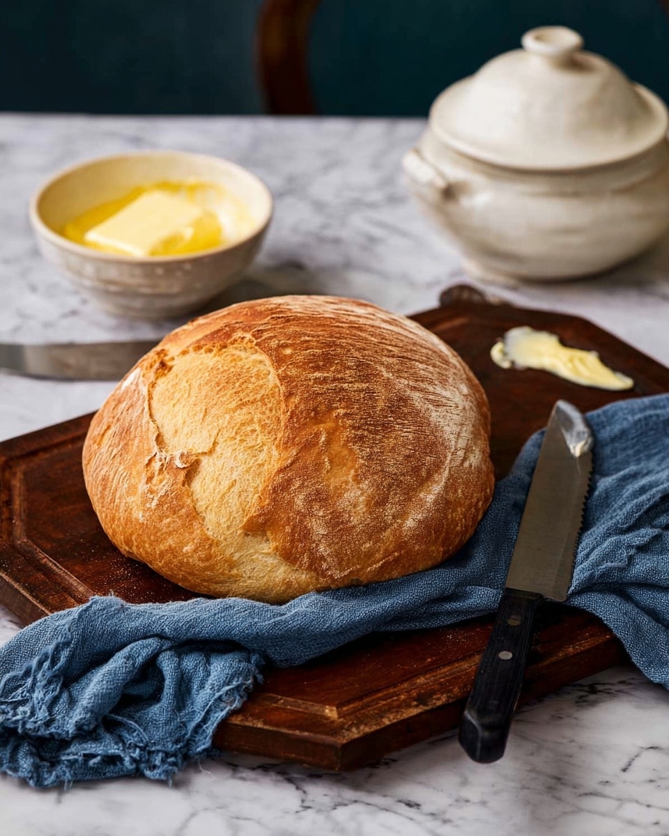 A round loaf of bread with a golden brown crust sits on a dark wooden cutting board. The bread has a rough, slightly cracked texture on top and a soft lighter bottom edge. Next to the bread is a white bowl with yellow butter inside and a butter knife resting in it. A blue cloth is loosely placed under and around the bowl. In the background, a white butter dish with a lid and a large knife with a black handle lie beside the board. The scene is set on a white marbled surface. photo taken with an iphone --ar 4:5 --v 7