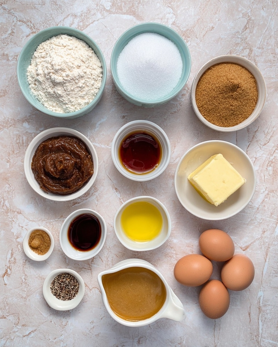 The image shows several small bowls and two eggs arranged neatly on a surface with a white marbled texture. There are three larger bowls at the top, filled with white flour, brown sugar, and white granulated sugar. Below them, smaller bowls contain dark brown paste, clear yellow liquid, honey-colored liquid, and a light brown puree in a white bowl with a handle. Around the bottom left, there is a small white bowl with a dark spice mix and a white bowl with a yellow block that looks like butter. Two brown eggs sit near the center, and a very small bowl with a dark liquid is on the left. All ingredients are carefully placed in a flat lay style. Photo taken with an iphone --ar 4:5 --v 7