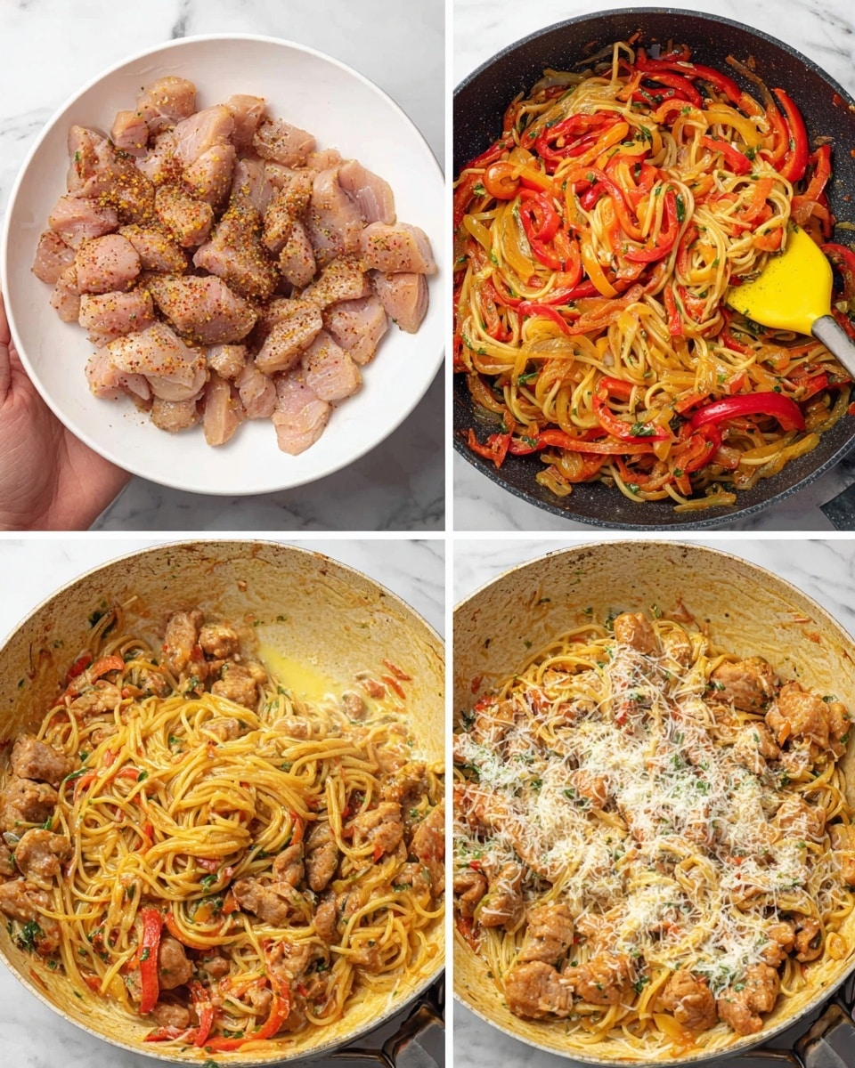 The image shows four stages of cooking a dish. In the first image, raw sliced meat seasoned with spices is placed on a white plate with a woman's hand holding it on a white marbled surface; a yellow spatula rests on the plate side. The second image depicts the meat cooking in a pan with red and yellow sliced bell peppers, with sizzling oil visible in the center and the food turning brown. The third image shows cooked noodles mixed with the meat and peppers in the pan with a swirl of creamy white sauce on top. The fourth image displays the finished dish with the noodles and meat fully mixed with the sauce and garnished with a sprinkle of cheese and herbs, creating a creamy, golden texture with bits of red pepper. photo taken with an iphone --ar 4:5 --v 7