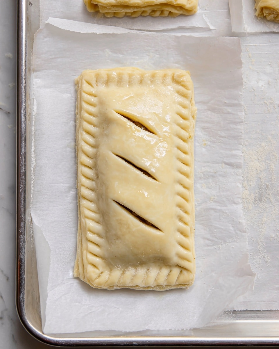 The image shows a close-up of a single unbaked rectangular pastry resting on white baking paper, which is placed on a baking tray. The pastry has two layers of dough, with the top layer smooth and shiny and slightly puffed, likely brushed with an egg wash. It has three diagonal slits cut into the center for steam release. The edges of the pastry are pressed down with a fork creating a patterned border around all four sides. The white baking paper has a slightly crinkled texture, and the tray underneath is partially visible with a plain metal look. The whole setup sits on a white marbled texture surface. photo taken with an iphone --ar 4:5 --v 7