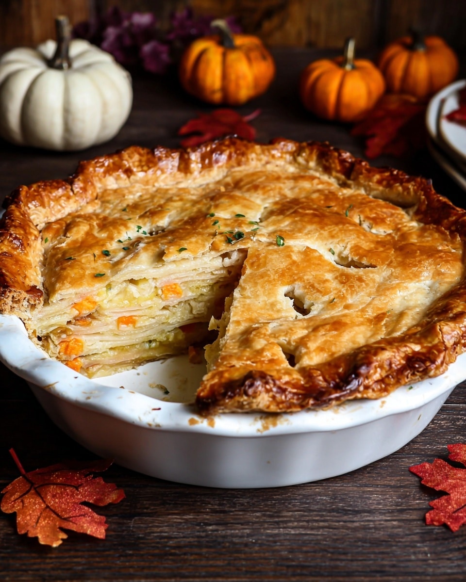 A golden-brown pie with a thick, crimped crust sits in a white pie dish on a dark wooden surface with autumn decorations in the background. One slice is missing, showing about seven thin layers inside that alternate between pale cream and soft orange, with some specks of green herbs. The pie crust looks flaky and slightly shiny, with two small vents on top. The background has small decorative pumpkins and red-orange leaves, creating a cozy fall setting. photo taken with an iphone --ar 4:5 --v 7