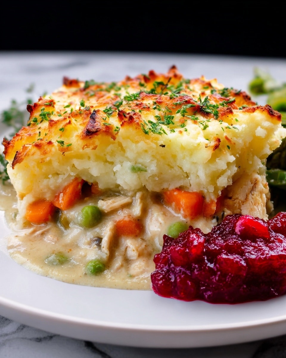 The image shows a slice of cottage pie on a white plate, placed on a white marbled surface. The pie has two main layers: the top layer is golden-brown mashed potatoes with a slightly crispy texture and sprinkled with green herbs, while the bottom layer consists of creamy chicken stew with pieces of orange carrot, green celery, and green peas visible in the thick sauce. On the right side of the plate, there is a small mound of bright red cranberry sauce with a textured surface. Photo taken with an iphone --ar 4:5 --v 7