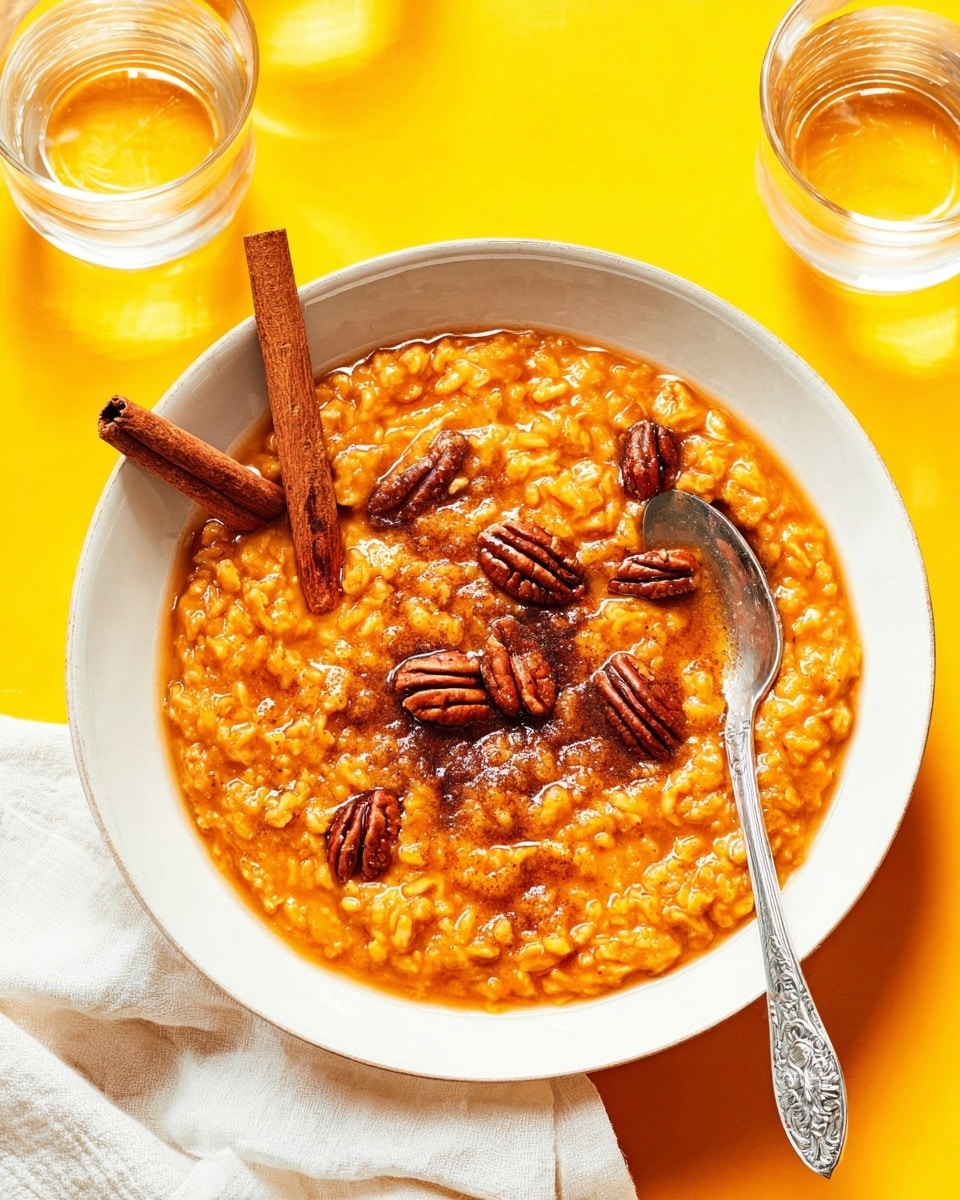 A white bowl filled with a thick, orange-colored pumpkin oatmeal that looks creamy and textured, topped with several whole brown pecans scattered on the surface and a few dark cinnamon powder spots. Two cinnamon sticks rest on the left side of the bowl, lying on top of the oatmeal. A silver spoon with a detailed handle is partially submerged in the oatmeal on the right side. The bowl is placed on a bright yellow flat surface, with a white cloth partially visible in the bottom left corner and two clear glasses of water nearby. Photo taken with an iphone --ar 4:5 --v 7