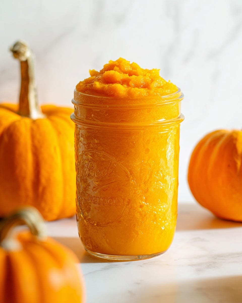 The image shows a round clear food processor bowl filled with smooth bright orange pumpkin puree, with a small wooden spoon resting inside on the right side. Around it are orange pumpkins – one whole pumpkin is at the bottom left, and another partially visible pumpkin is at the bottom right. In the top right corner, there is a white tray or bowl lined with silver foil holding broken orange pumpkin pieces and pumpkin skin. The background surface is white with a light marbled texture. The photo taken with an iphone --ar 4:5 --v 7