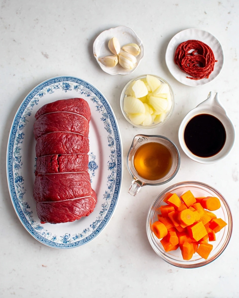 A tied raw beef roast with a deep red color sits on a white plate with blue floral patterns, positioned on the left side of the image. To the top right of the roast, a small white plate holds coiled red tomato paste. Above it, three peeled garlic cloves rest directly on the white marbled surface. Beside the garlic, a transparent white bowl contains large chunks of peeled onion with a pale yellow color. Below the onions, a white bowl filled with bright orange carrot pieces is placed. To the right of the carrots, there is a clear measuring cup with a brown liquid next to two small white cups filled with dark soy sauce. The entire scene is set on a clean white marbled surface. photo taken with an iphone --ar 4:5 --v 7