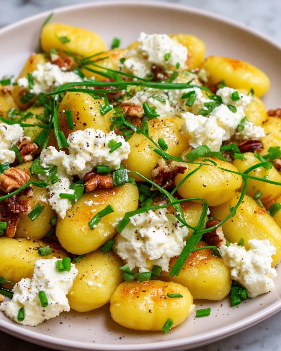 The dish shows a close view of golden-yellow gnocchi lightly browned on the sides, spread evenly on a white plate. On top, there are soft white cheese dollops scattered, adding a creamy texture. Bright green chive pieces are sprinkled over, giving a fresh look. Small chunks of pecans are mixed in, adding a rough, nutty texture. Everything rests on a clean white marbled surface, and the overall look is fresh and colorful with contrasting yellow, white, green, and brown tones. Photo taken with an iphone --ar 4:5 --v 7