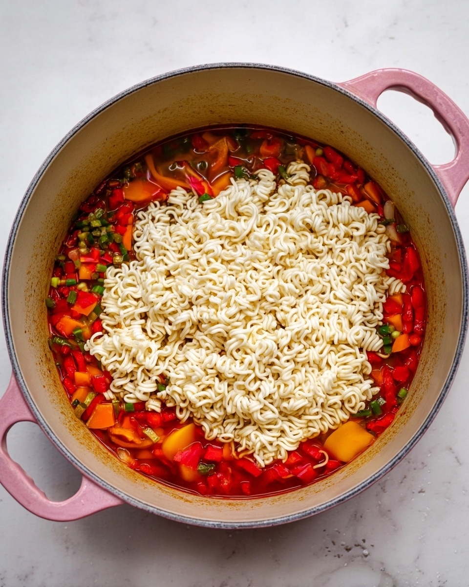 A gray pot with pink handles sits on a white marbled surface. Inside the pot, the bottom layer is a mix of bright red and orange chopped vegetables with green bits, all in a shiny red sauce. On top, there is a layer of uncooked white instant ramen noodles, slightly overlapping but still showing their curly texture. The colors stand out against the gray pot, and the whole scene looks ready for cooking. photo taken with an iphone --ar 4:5 --v 7