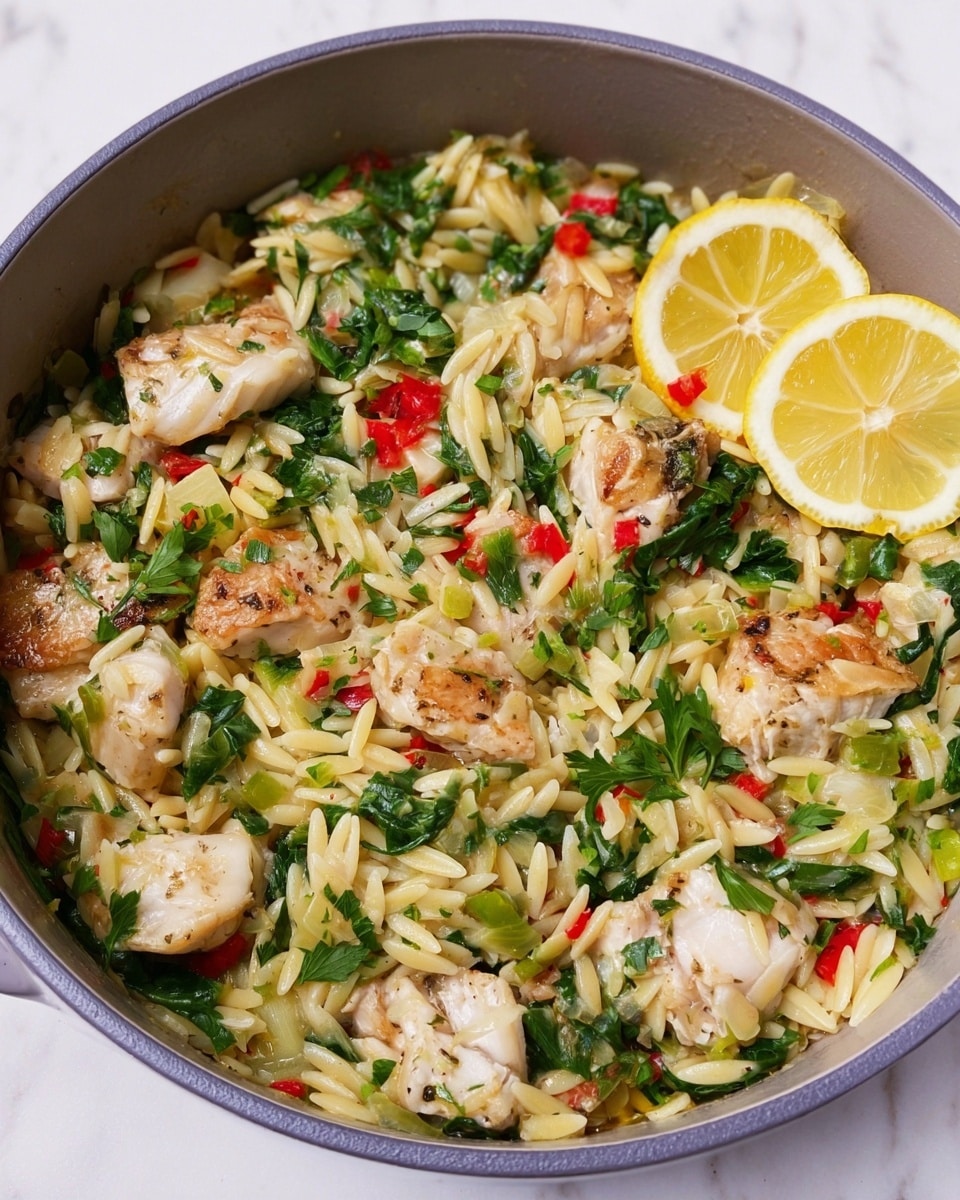 A close-up view of a gray pot filled with a colorful dish that has three main layers: the bottom layer is small, pale yellow orzo pasta; scattered on top are tender white fish chunks with light browning; mixed throughout are bright green leafy herbs and vegetables, small red pepper pieces, and some light yellow lemon zest. Two thin lemon slices rest on the upper right side, adding freshness and color contrast. The pot sits on a white marbled surface. photo taken with an iphone --ar 4:5 --v 7