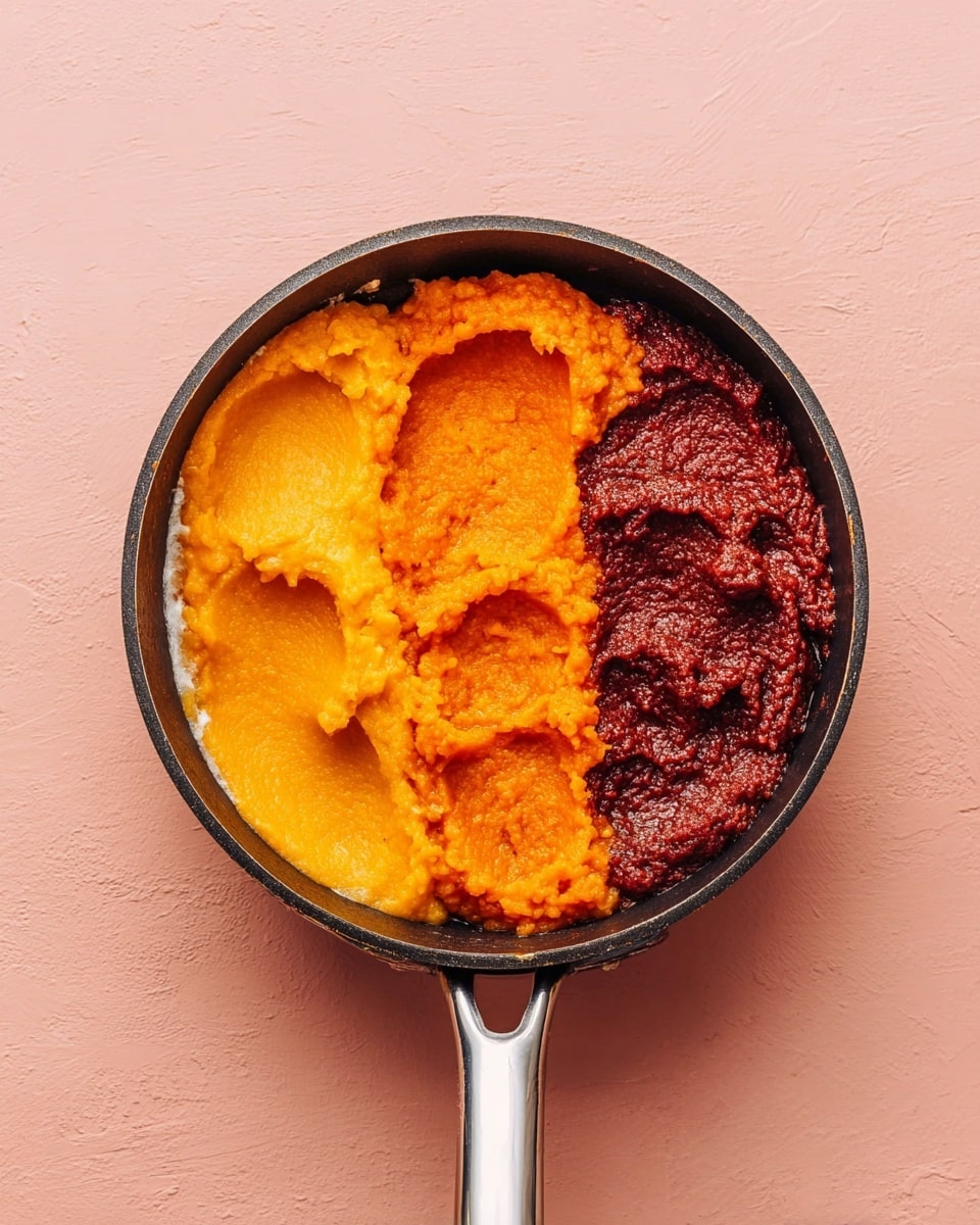 A round black pan filled with three layers arranged side by side: the left and middle layers are bright orange with a smooth and thick mashed texture, slightly uneven on top, while the bottom right layer is a deep reddish-brown color with a chunky, mashed consistency. The pan is resting on a surface with a soft pink color, and its handle shines with a metallic silver finish. photo taken with an iphone --ar 4:5 --v 7