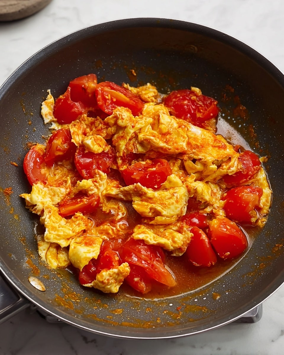 Inside a dark gray pan, there are cooked eggs broken into medium soft chunks, mixed with bright red, slightly cooked tomato pieces. The eggs are yellow with some white parts, surrounded by a light, glossy orange sauce that coats both the eggs and tomatoes. The pan sits on a white marbled surface, and some bits of sauce stick around the edges of the pan. The overall look is warm and vibrant, showing a simple, fresh cooked tomato and egg dish photo taken with an iphone --ar 4:5 --v 7