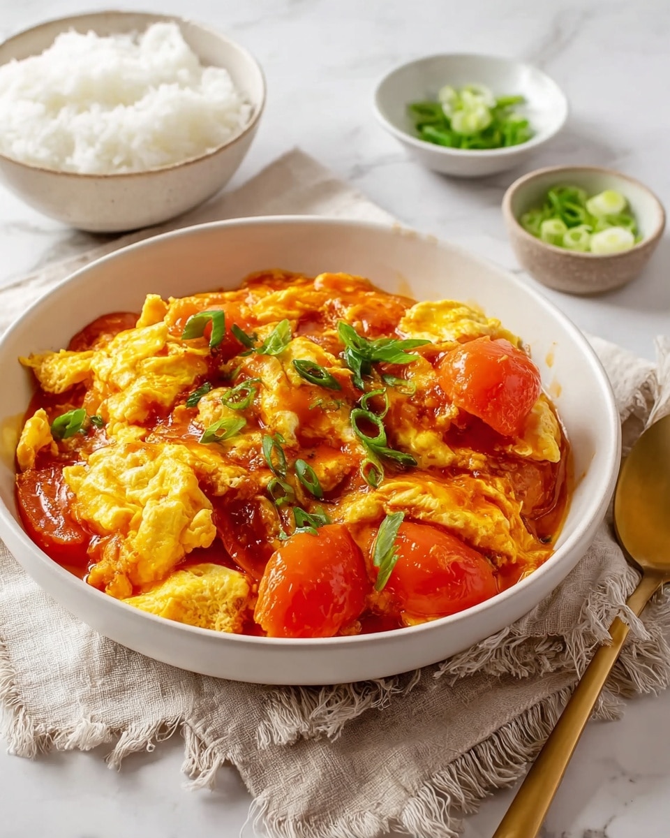 A white bowl is filled with a soft scrambled egg dish mixed with large, bright red tomato wedges cooked in a thick, shiny orange sauce. The eggs are fluffy and light yellow with some white parts visible, while the tomato pieces add a textured, juicy contrast. Thin slices of fresh green onion are sprinkled on top as garnish, adding a fresh pop of color. The bowl rests on a light beige cloth with fringed edges, accompanied by a gold spoon to the right and small white bowls holding sliced green onions and plain white rice in the background, all placed on a white marbled surface. Photo taken with an iphone --ar 4:5 --v 7