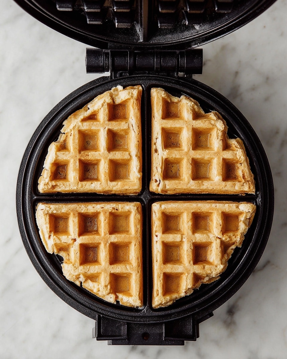 The image shows a single waffle in a black waffle maker on a white marbled surface. The waffle is divided into four square sections, light golden brown in color, with a slightly rough and uneven texture. The waffle has small pockets typical of its design and appears soft with some small cracks and indentations around the edges. The waffle maker is open, revealing the waffle inside, with its grid pattern visible on the cooking plates. Photo taken with an iphone --ar 4:5 --v 7