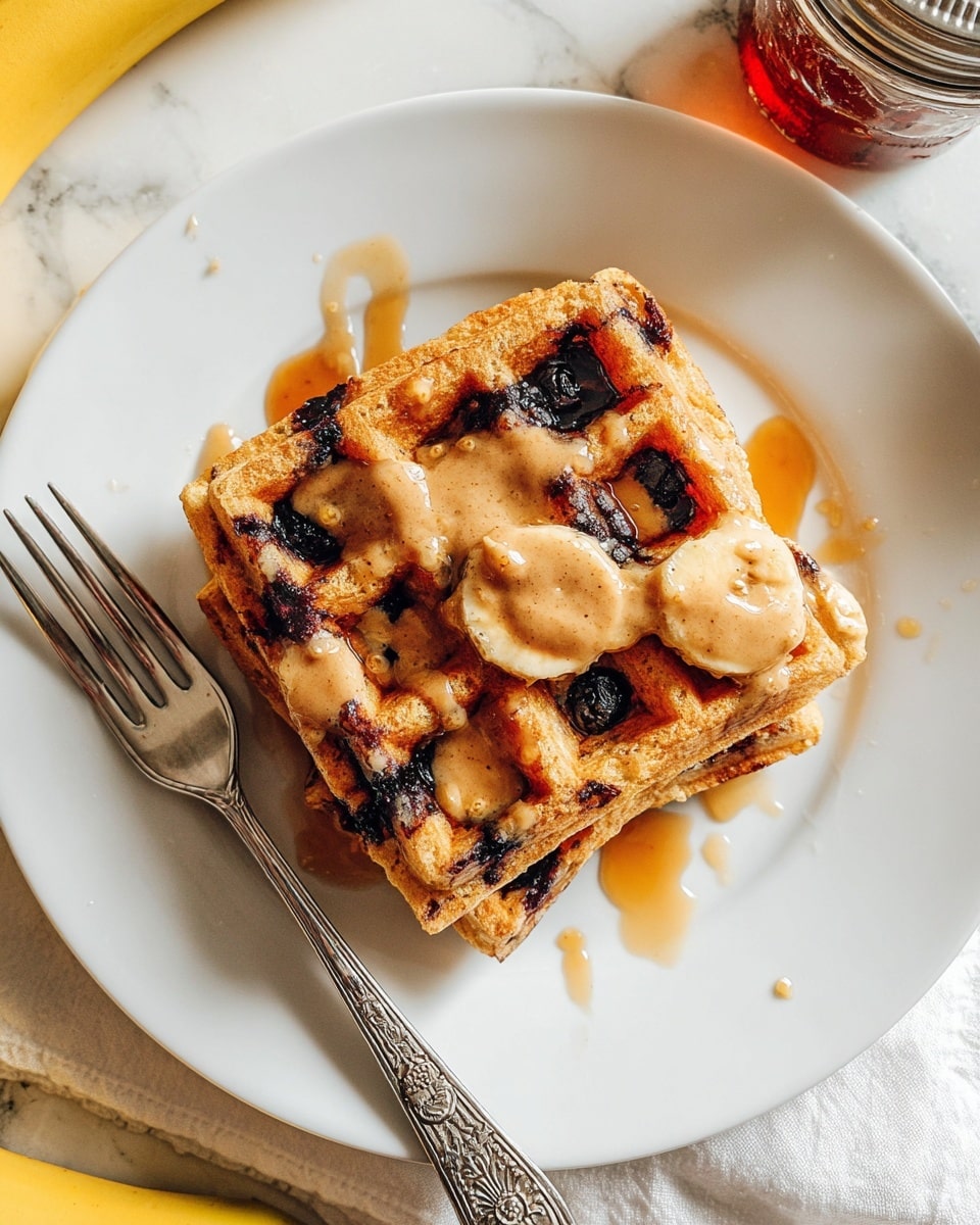 A single square waffle sits in the center of a white plate, showing a golden-brown color with darker spots where bits of blueberries are baked in. The waffle is topped with a smooth, light brown creamy sauce that spreads unevenly across its surface, with a bit of amber syrup pooled around and on top, giving a shiny texture. A silver fork with intricate designs lies to the left of the waffle on the plate. The plate is set on a white marbled surface with part of a banana and a small jar visible nearby. Photo taken with an iphone --ar 4:5 --v 7