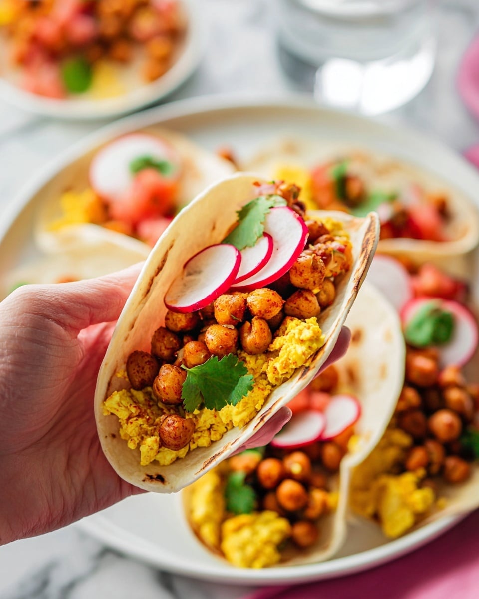 The image shows a close-up of a white taco shell held by a woman's hand, filled with three main layers. The bottom layer is bright yellow scrambled tofu with a soft and crumbly texture. On top of that is a layer of crispy, golden-brown roasted chickpeas that add a crunchy texture. Thin slices of red radish are placed along the top edge inside the taco, adding a fresh and crisp look. Some fresh green cilantro leaves and salsa with red and green hues sit on top as garnish. In the background, there are more tacos on a white plate, all on a white marbled surface with a blurred glass of water to the side. photo taken with an iphone --ar 4:5 --v 7