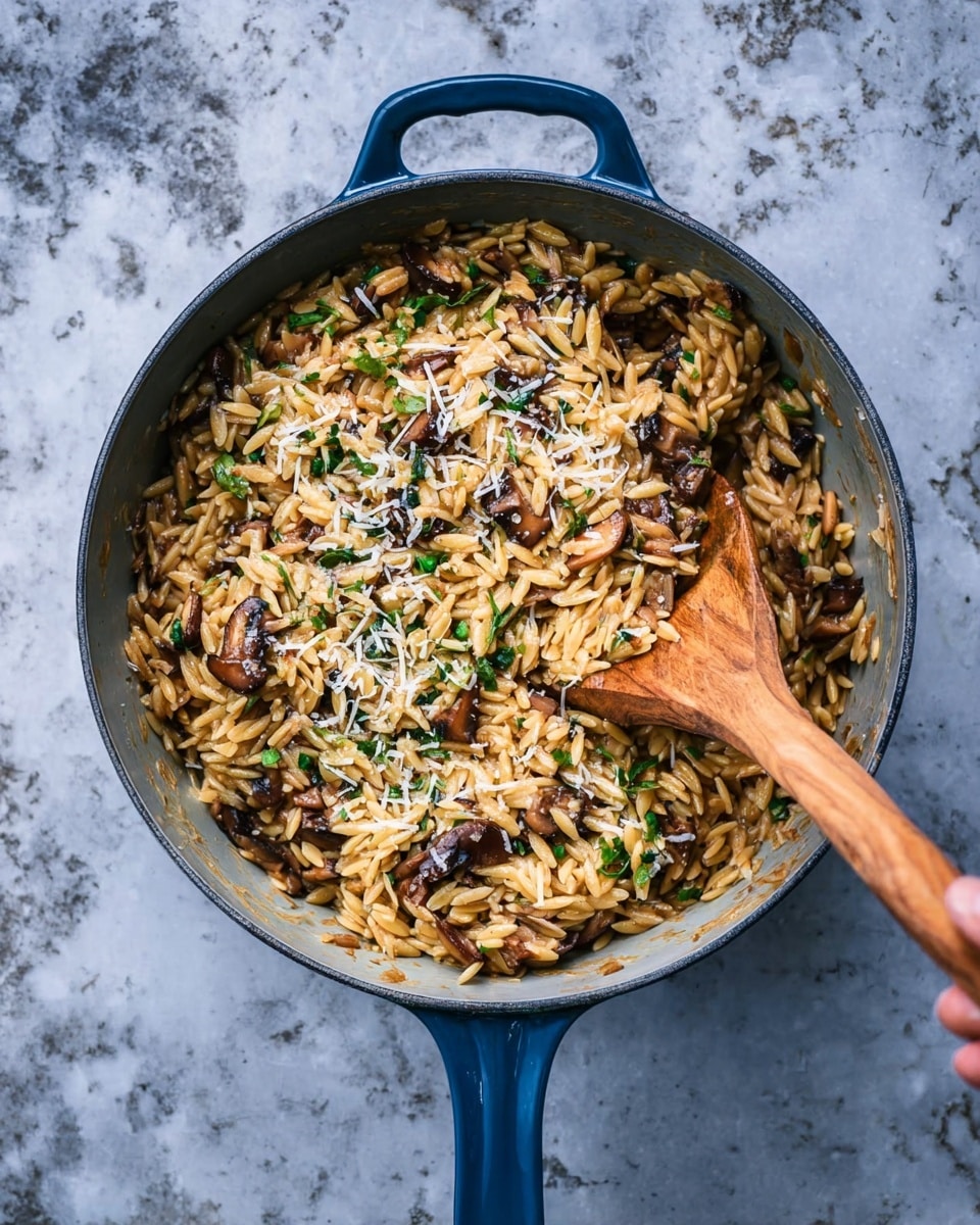 A grey pan with a blue handle holds a cooked orzo dish mixed with small chunks of brown mushrooms and green herb pieces. The orzo is golden brown and sprinkled lightly with grated white cheese on top. A woman's hand is holding a wooden spoon resting inside the pan, partially covered in the orzo mix. The pan sits on a white marbled surface with a slightly worn texture. photo taken with an iphone --ar 4:5 --v 7