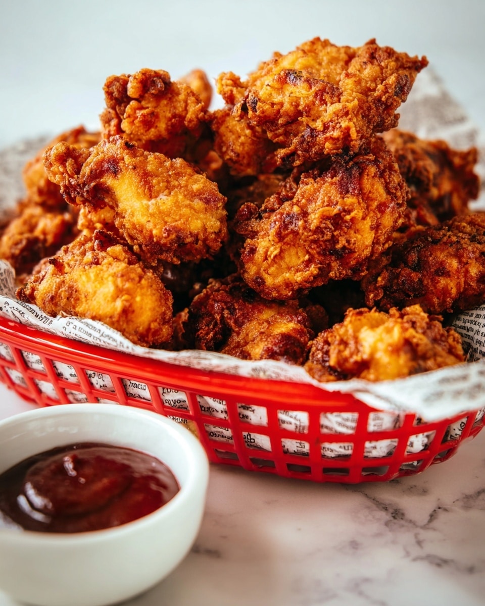 A pile of golden-brown fried chicken pieces sits in a red mesh basket lined with newspaper-style paper, showing a crispy and textured exterior with some dark brown spots. The basket is placed on a white marbled surface. In front of the basket, there is a small white bowl filled with dark red dipping sauce, glossy and smooth on top. The photo taken with an iphone --ar 4:5 --v 7