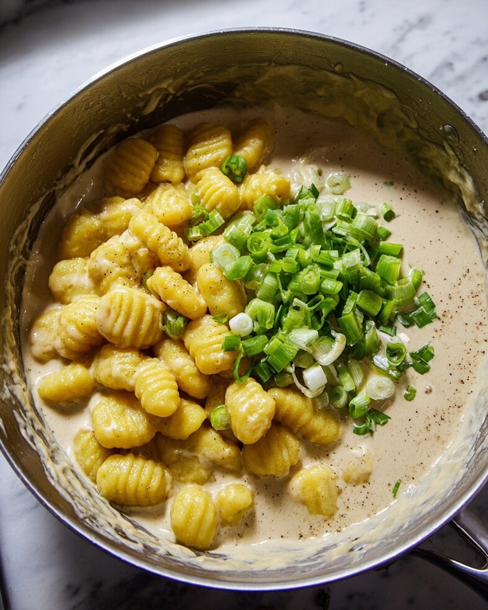 A silver pan holds a creamy beige sauce that fills the bottom layer. On top of the sauce, there is a layer of yellow gnocchi, some of them showing ridges. A small pile of chopped green onions with a bright green and white color rests next to the gnocchi. The inside of the pan has traces of the sauce. The pan is placed on a surface with a white marbled texture photo taken with an iphone --ar 4:5 --v 7
