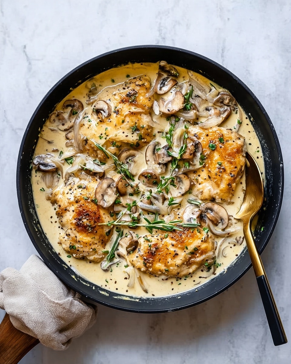 A black frying pan holds four golden-brown cooked pieces in a creamy light beige sauce speckled with black pepper and herbs, layered with sliced brown mushrooms and small onion pieces. Green sprigs of fresh herbs are scattered on top, adding a fresh contrast to the creamy sauce. A gold and black spoon rests inside the pan on the right side, partially submerged in the sauce. The pan handle is held by a woman's hand wrapped in a beige cloth, all placed on a white marbled surface. photo taken with an iphone --ar 4:5 --v 7