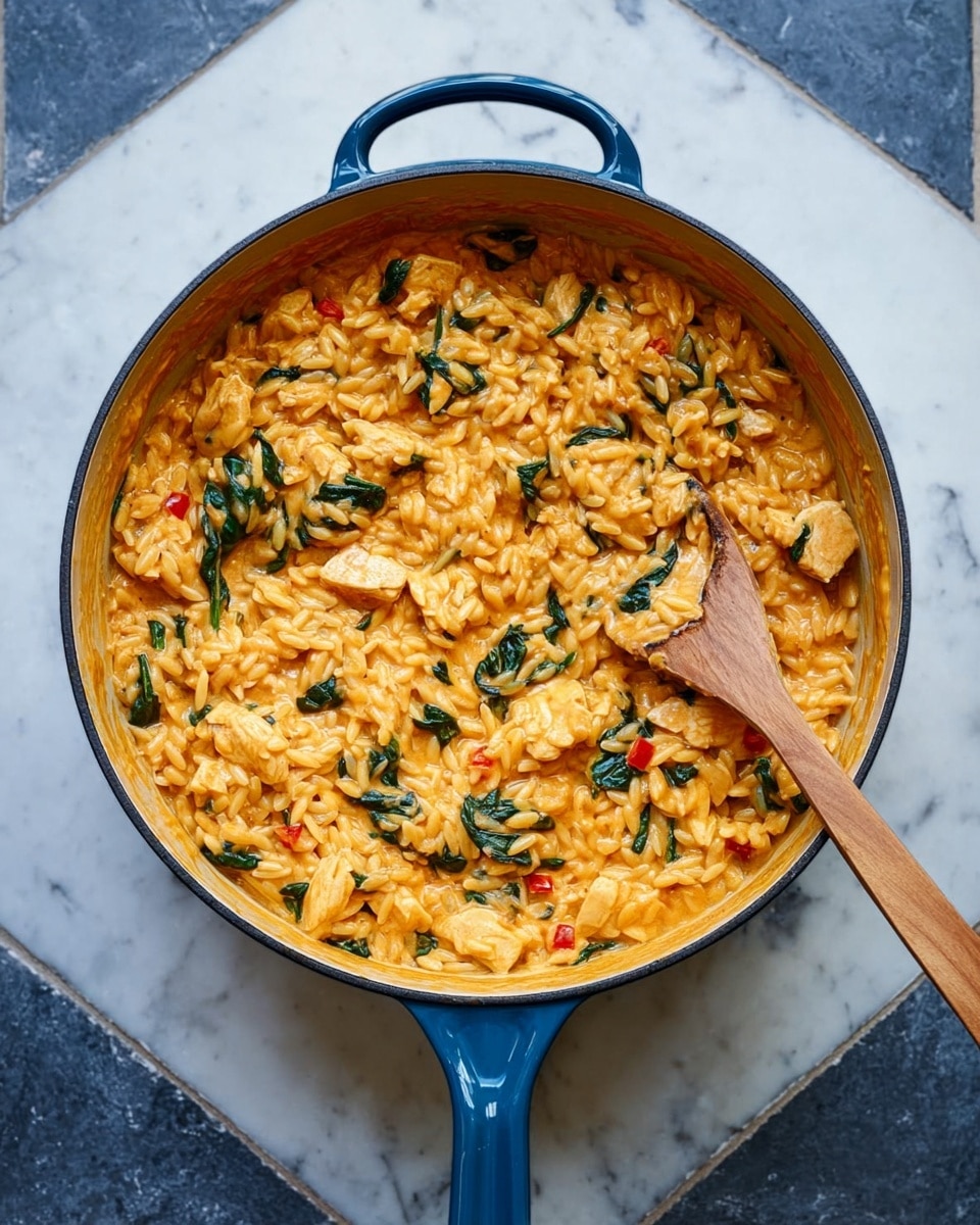 A large grey pan with a blue handle is full of a creamy orange dish made of small rice-shaped pasta, chunks of chicken, and green spinach leaves mixed with some small pieces of red pepper. There is a wooden spoon inside the pan, partly buried in the food, showing the texture of the sauce and ingredients. The pan sits on a white marbled surface with a blue tiled pattern underneath, highlighting the warm colors of the dish. photo taken with an iphone --ar 4:5 --v 7