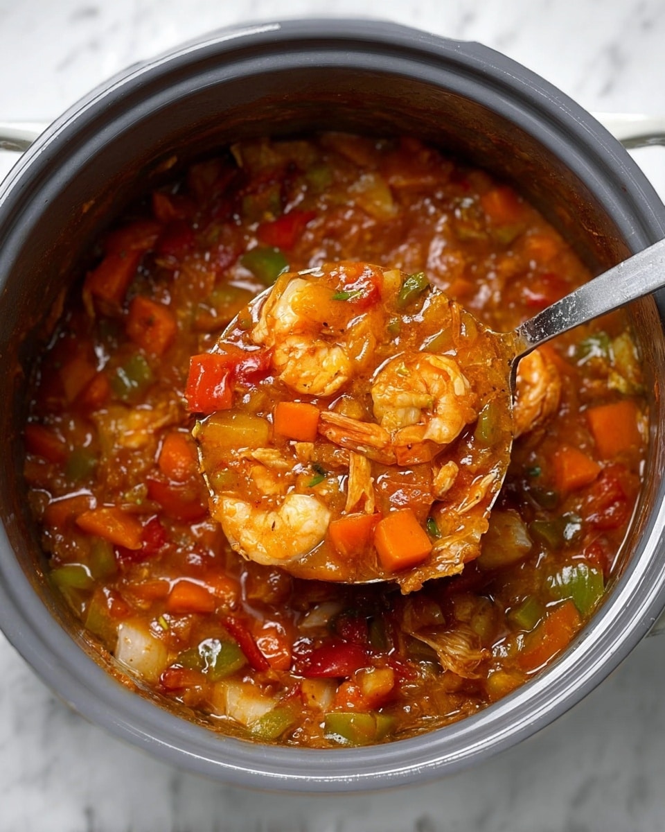 A gray pot filled with a thick stew made of various chunky vegetables and pieces of seafood. The stew has a rich orange-brown sauce with visible chunks of shrimp that are pale orange, along with cubes of carrots in a deep orange color, bright red and green bell peppers, and some diced white and green vegetables mixed throughout. A metal ladle lifts a scoop of the stew showing the different textures: the shiny sauce coating the soft vegetables and tender shrimp inside the pot. The pot rests on a white marbled surface. photo taken with an iphone --ar 4:5 --v 7