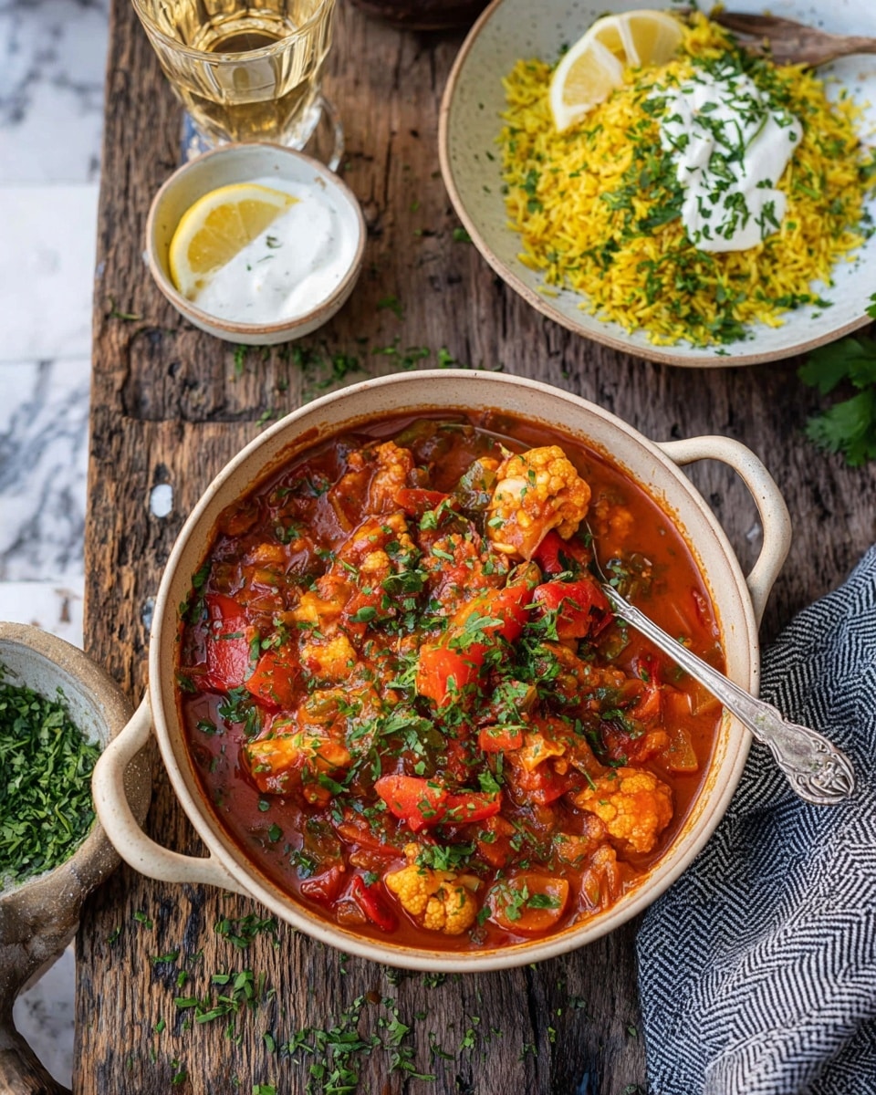 The image shows a light beige bowl with two handles filled with a rich red stew that has chunky pieces of orange and red bell peppers, cauliflower florets, and green herbs sprinkled on top. A silver spoon rests inside the bowl, partially submerged in the stew. Behind it, on the right side, is a white bowl with yellow rice garnished with green herbs and a dollop of white sauce topped with a lemon wedge. On the left side, there is a white bowl containing white sauce with a spoon inside. A glass filled with a light golden drink is behind the stew bowl on the left side. The bowls and glass are placed on a rustic dark wooden table with bits of scattered chopped green herbs. A grey and white striped cloth is on the right side of the stew bowl. The background is a white marbled texture. Photo taken with an iphone --ar 4:5 --v 7