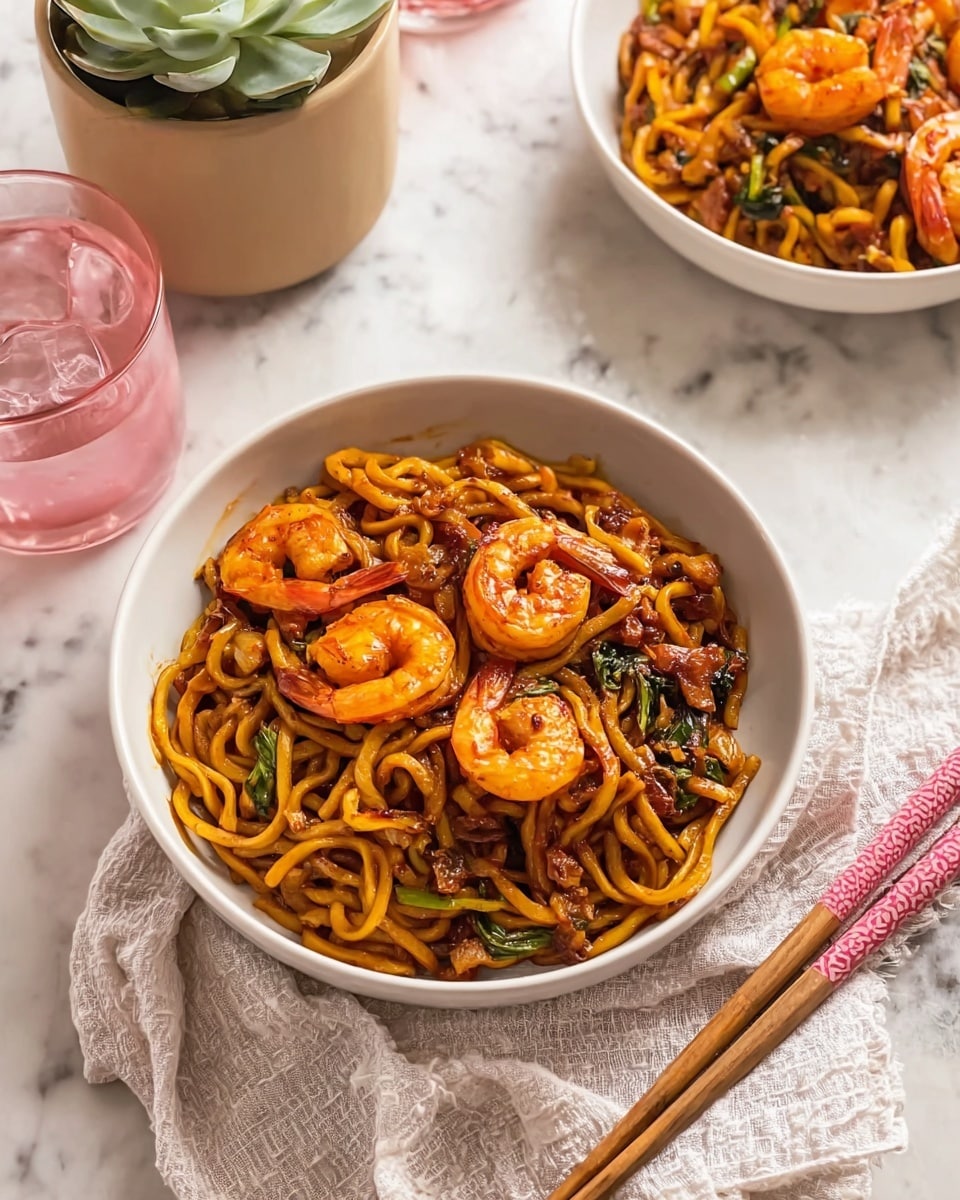 A white bowl holds a dish of stir-fried thick noodles mixed with dark brown sauce, green vegetable pieces, and several large glazed shrimp on top. The shrimp are orange-pink with a shiny texture, sitting on top of thick, yellowish-brown noodles that are twisted and mixed with small bits of cooked vegetables and meat. The bowl is placed on a white marbled surface with a light-colored cloth next to it, and a pair of pink and brown chopsticks resting nearby. In the background, there is a second bowl with the same dish, a pink glass of water with ice, and a small beige planter with green plants. Photo taken with an iphone --ar 4:5 --v 7