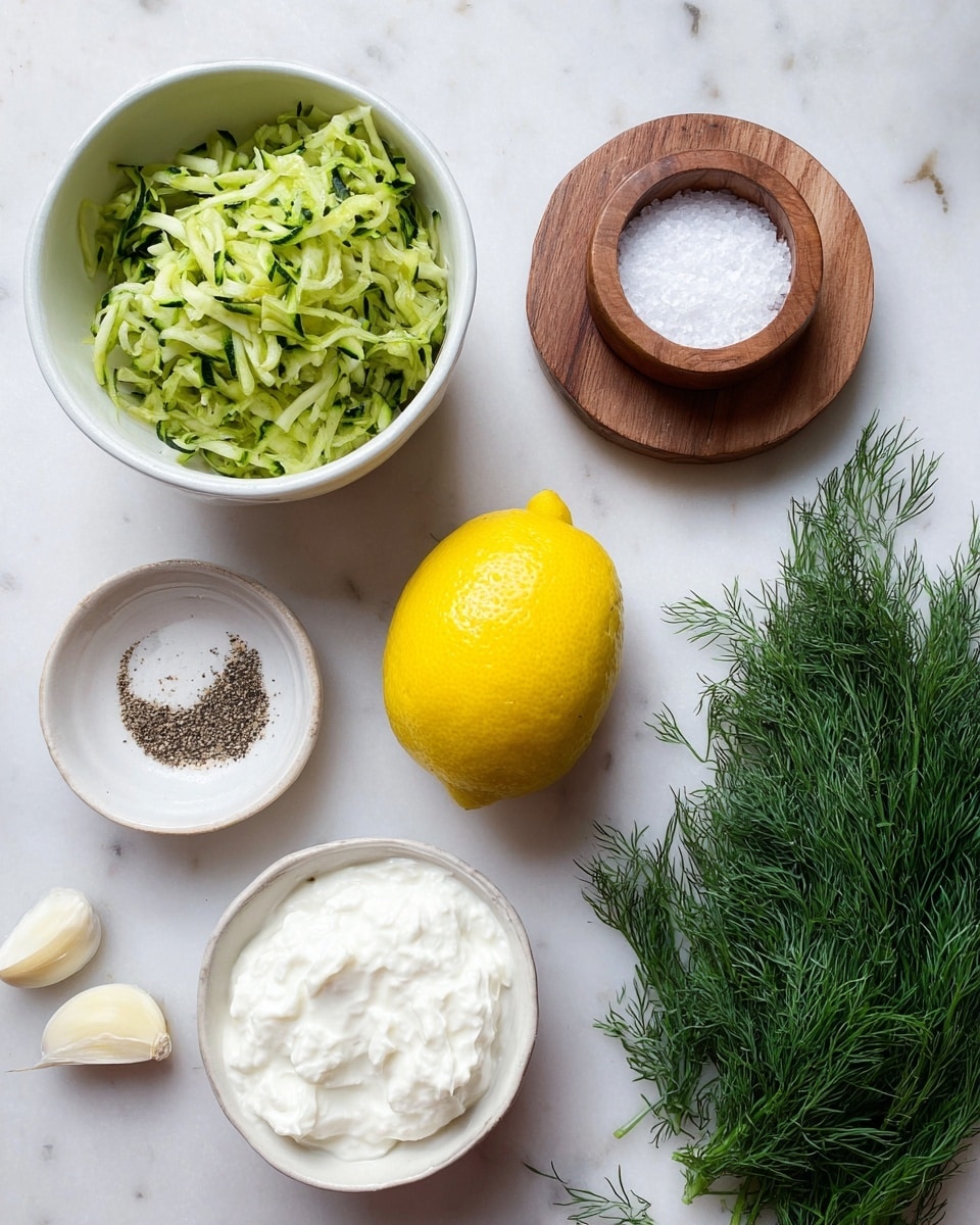 The image shows ingredients arranged on a white marbled surface with a whole bright yellow lemon in the center. At the top right, there is a bunch of fresh, dark green dill leaves. Near the lemon on the right is a round wooden container with a lid, filled with coarse white salt. On the bottom left, there are two peeled garlic cloves. A small white bowl containing ground black pepper sits next to the garlic. At the top left, there is a white bowl filled with shredded green zucchini next to another white bowl that holds a thick, white creamy substance, likely yogurt or sour cream. The setup is clean and simple, with each ingredient distinctly visible. photo taken with an iphone --ar 4:5 --v 7