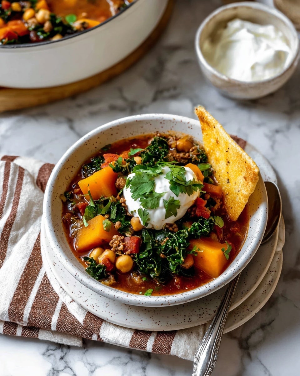A white speckled bowl holds a colorful stew with visible layers including green kale, orange chunks of squash, beige chickpeas, and brown ground meat in a rich reddish broth. On top, there is a dollop of white sour cream garnished with green cilantro leaves, and a golden browned tortilla chip rests on the edge. The bowl sits on a white plate layered with a brown and white striped napkin, and a silver spoon is tucked beside the bowl. In the background, part of a white speckled pot filled with the same stew and a small white bowl with creamy sour cream appear on a white marbled surface. photo taken with an iphone --ar 4:5 --v 7