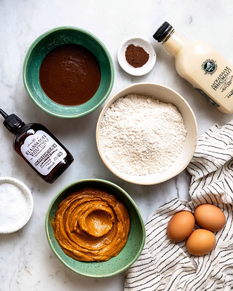 The image shows a top view of several bowls and containers with baking ingredients on a white marbled surface. There are three green bowls: one contains a smooth, dark brown liquid mixture, the second a thick orange puree with a swirl pattern, and the third a bowl full of fine flour. A small white plate holds a white powdery ingredient. Nearby, there is a small white bowl with a dark brown powder. On the right, two brown eggs rest on a white cloth with black stripes beside a white bowl. A cream-colored bottle labeled maple syrup and a dark bottle labeled vanilla extract are also part of the layout. Photo taken with an iphone --ar 4:5 --v 7