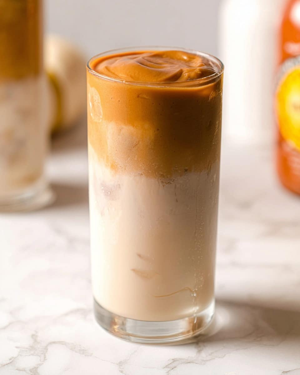 A close-up of a tall clear glass showing a two-layer drink with a thick, smooth, and glossy light brown creamy foam layer on top, sitting above a light beige milky layer with some ice cubes visible inside. The glass is placed on a white marbled surface, and in the blurred background, there is a white marbled surface with a white container and a bottle with orange and yellow tones. Photo taken with an iphone --ar 4:5 --v 7