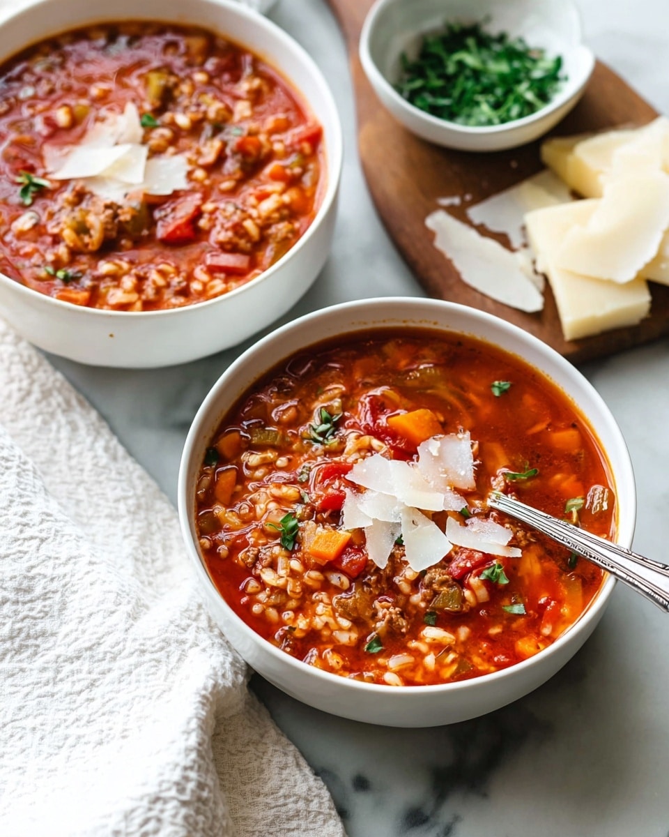 Two white bowls are filled with thick red soup containing visible chunks of vegetables like tomatoes, carrots, and celery, along with grains or small pasta pieces and bits of meat, all garnished with small green herb leaves. The front bowl has thin white cheese shavings on top, with a silver spoon resting inside. Behind and to the side, there is a small white bowl filled with chopped green herbs. Pieces of white cheese slices are placed on a wooden board next to the bowls. The setting is on a white marbled surface with a white and gray textured cloth visible in the background. photo taken with an iphone --ar 4:5 --v 7