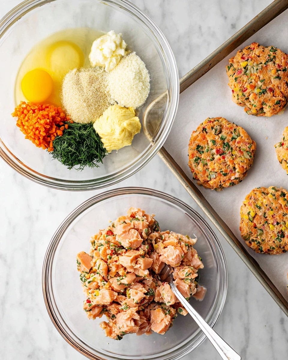A clear glass bowl sits on a white marbled surface, filled with separate piles of ingredients arranged in a circle: light yellow beaten eggs at the bottom left, finely chopped orange bell peppers above, a heap of pale breadcrumbs at the top left, small dollops of pale yellow mustard and white mayonnaise near the center, chopped pink salmon pieces on the right, finely minced garlic below the salmon, and chopped green herbs like dill and parsley at the bottom right. Next to this bowl, another clear glass bowl holds a mixed, chunky pink-orange salmon mixture with green and orange bits visible, and a long silver spoon rests inside. Below these bowls, a metal baking tray lined with white parchment paper holds six round salmon patties with flecks of green herbs and orange pepper, ready for cooking. photo taken with an iphone --ar 4:5 --v 7