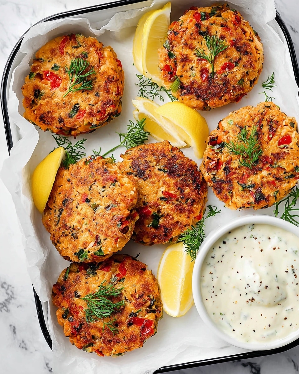 The image shows six round salmon patties that are golden brown with small bits of red and green vegetables visible inside, arranged on white paper in a white tray with a black rim. Each patty is topped with small sprigs of fresh green herbs. There are three lemon wedges placed around the patties, adding bright yellow color. On the right side of the tray, there is a small white bowl filled with a creamy white sauce speckled with small green herbs and black pepper. The whole scene is set on a white marbled surface. Photo taken with an iphone --ar 4:5 --v 7
