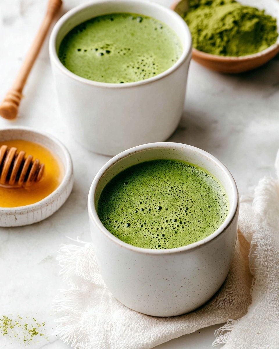 Two white ceramic cups filled with bright green frothy matcha tea sit on a white marbled surface. One cup is closer to the front, showing detailed bubbles on the surface of the tea, while the other cup is slightly behind it. To the side, a white bowl holds golden honey with a wooden dipper resting inside. In the background, part of a white bowl filled with green matcha powder and a wooden spoon dusted with powder add a natural touch. A soft white cloth with fringed edges is casually placed near the cups. The photo taken with an iphone --ar 4:5 --v 7