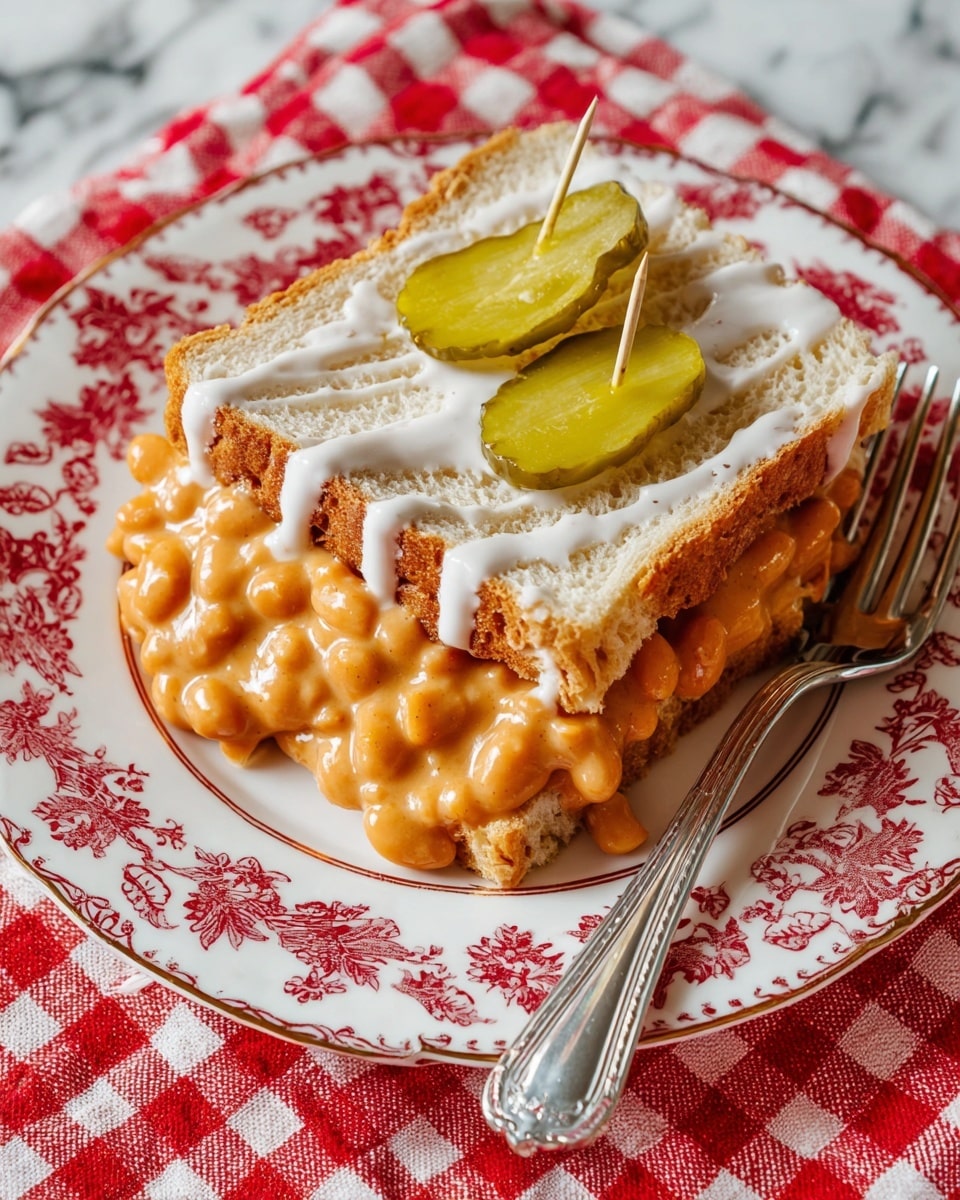 A sandwich on a white plate with red floral patterns, featuring two layers of soft beige bread with a thick middle layer of creamy orange beans covered in white sauce drizzles. On top of the beans, there are two green pickle slices held by a toothpick on the right side. A silver fork lies next to the sandwich on the plate, and the plate rests on a red and white checkered cloth, all on a white marbled surface. photo taken with an iphone --ar 4:5 --v 7