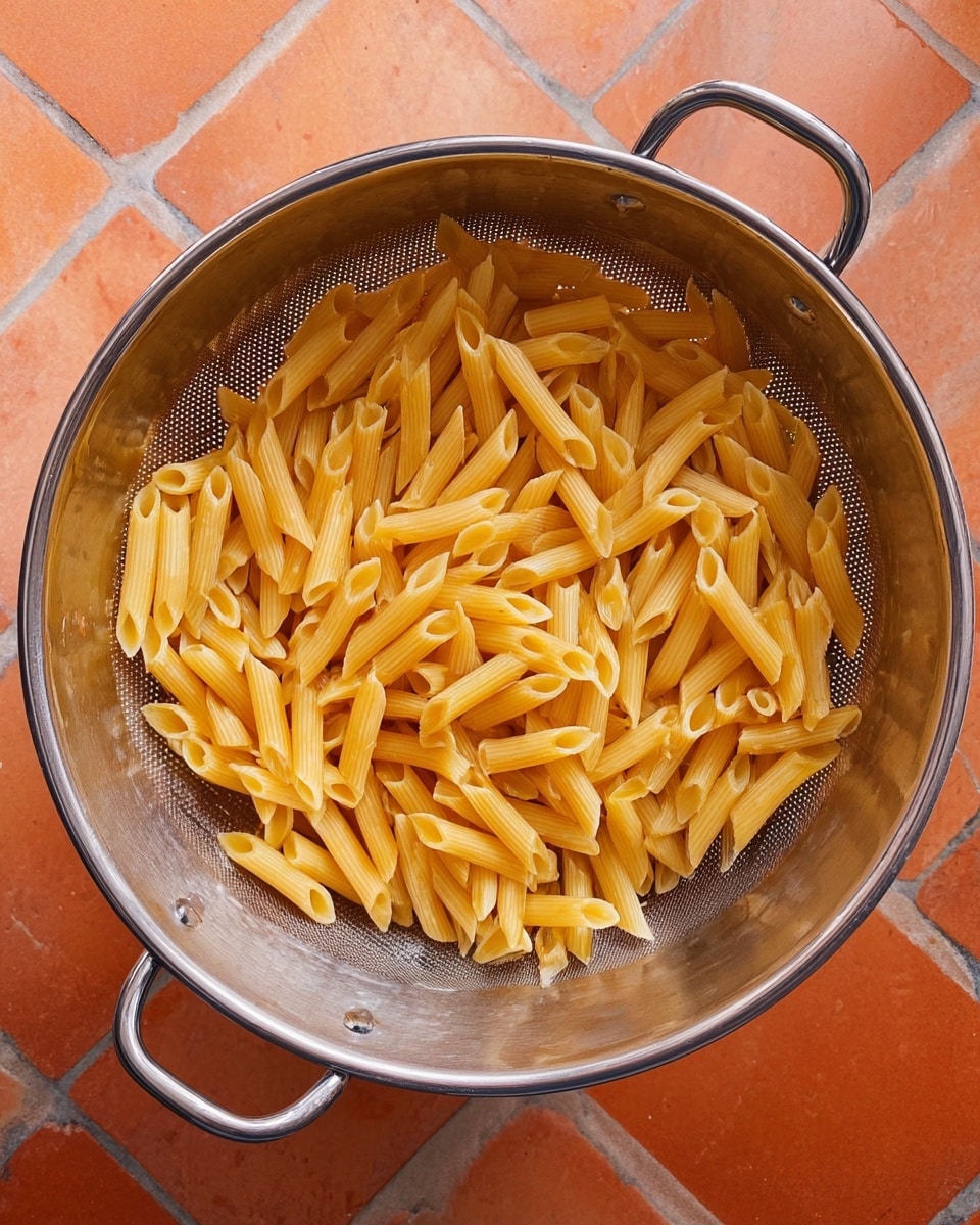 A round metal colander filled with cooked yellow penne pasta, showing the tube-shaped noodles with ridges inside. The colander has two handles and is placed on a white marbled surface, with an orange tiled floor visible in the background. The pasta fills the colander evenly in one layer. photo taken with an iphone --ar 4:5 --v 7