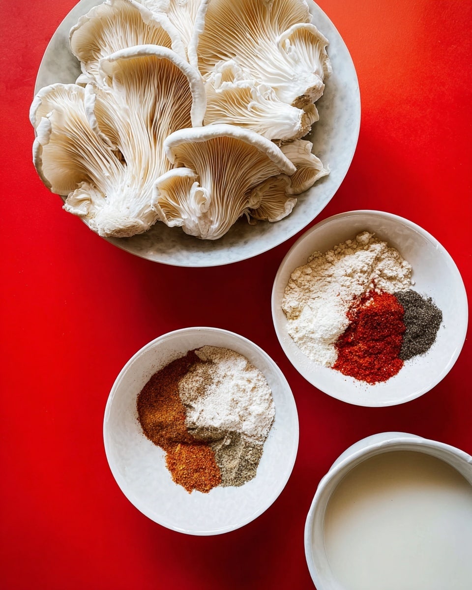 There are three white bowls placed on a white marbled surface with a bright red background. The top bowl is filled with fresh white oyster mushrooms showing their ridged texture and soft color. The middle bowl holds a mix of spices and flour layered in piles with colors including white, red, light brown, dark brown, and black, showing different textures from powdery to fine grains. The bottom bowl contains a smooth white liquid. The setup is neat, and the colors contrast well against the red background photo taken with an iphone --ar 4:5 --v 7