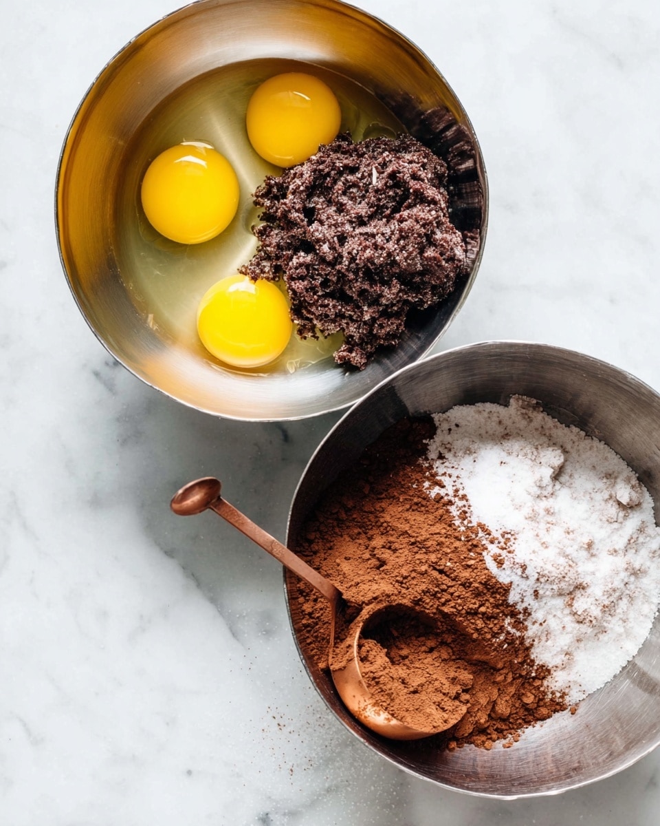Two metal mixing bowls sit on a white marbled surface. The bowl on the top contains three bright yellow egg yolks on the left side and a large scoop of a dark, chunky mixture on the right side. The bowl below has two clear sections – the left side holds a heap of rich brown cocoa powder with a copper measuring cup lying on top, and the right side has a pile of white sugar. A spoon partially covered in cocoa powder rests inside the bottom bowl. photo taken with an iphone --ar 4:5 --v 7