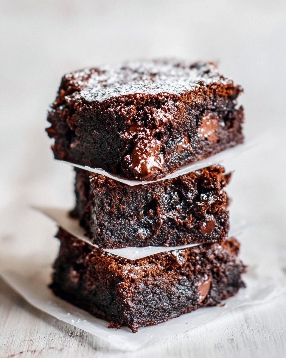 Three thick and rich chocolate brownies are stacked vertically on white parchment paper. Each brownie shows a dense, moist, and slightly cracked texture with dark chocolate chunks visible inside. The top brownie has a light dusting of powdered sugar, adding a soft, powdery contrast to the deep brown. The stack sits on a white marbled textured surface with soft natural light highlighting the moist interior and slightly crisp edges of the brownies photo taken with an iphone --ar 4:5 --v 7