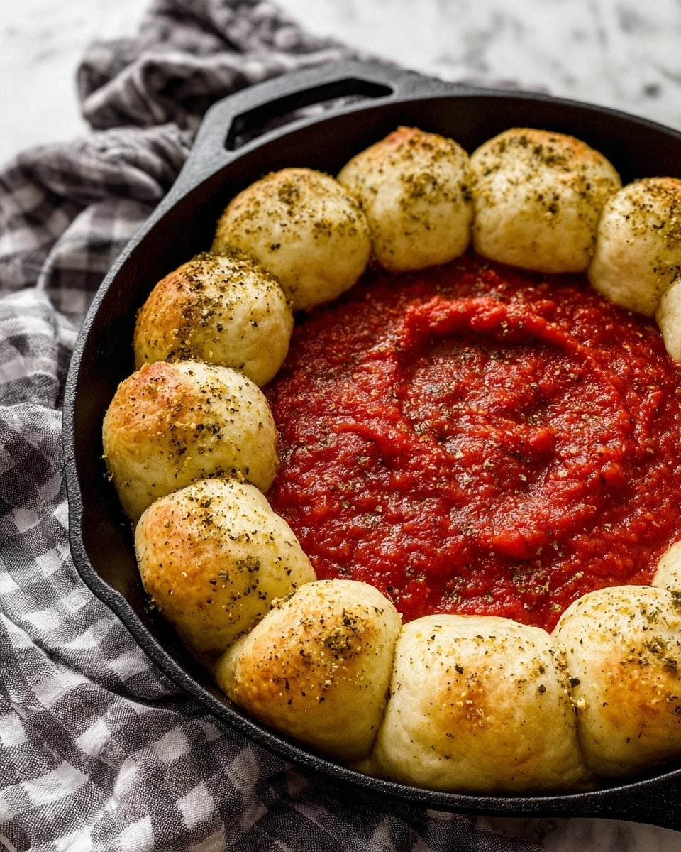 A round cast iron pan holds a circle made of eight golden dough balls, each sprinkled with black pepper and herbs, forming the outer layer. Inside this ring is a thick layer of chunky, bright red tomato sauce filling the center. The pan sits on a grey and white checkered cloth, with a white marbled surface underneath. Photo taken with an iphone --ar 4:5 --v 7