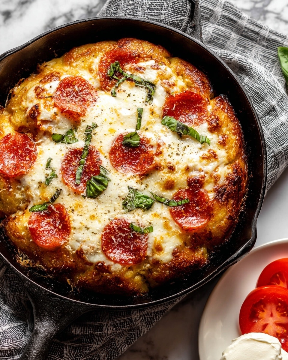 A black cast iron skillet holds a round baked dish with a golden brown base layer of thick dough or bread, topped with melted white mozzarella cheese that has bubbly, slightly browned spots, and scattered bright red pepperoni slices. Fresh green basil pieces are sprinkled over the top, adding a bright contrast. The skillet is placed on a gray and white checkered cloth, set on a white marbled surface. Nearby, there is a white plate with a dollop of soft white cheese and some slices of fresh tomato visible on the side. Photo taken with an iphone --ar 4:5 --v 7