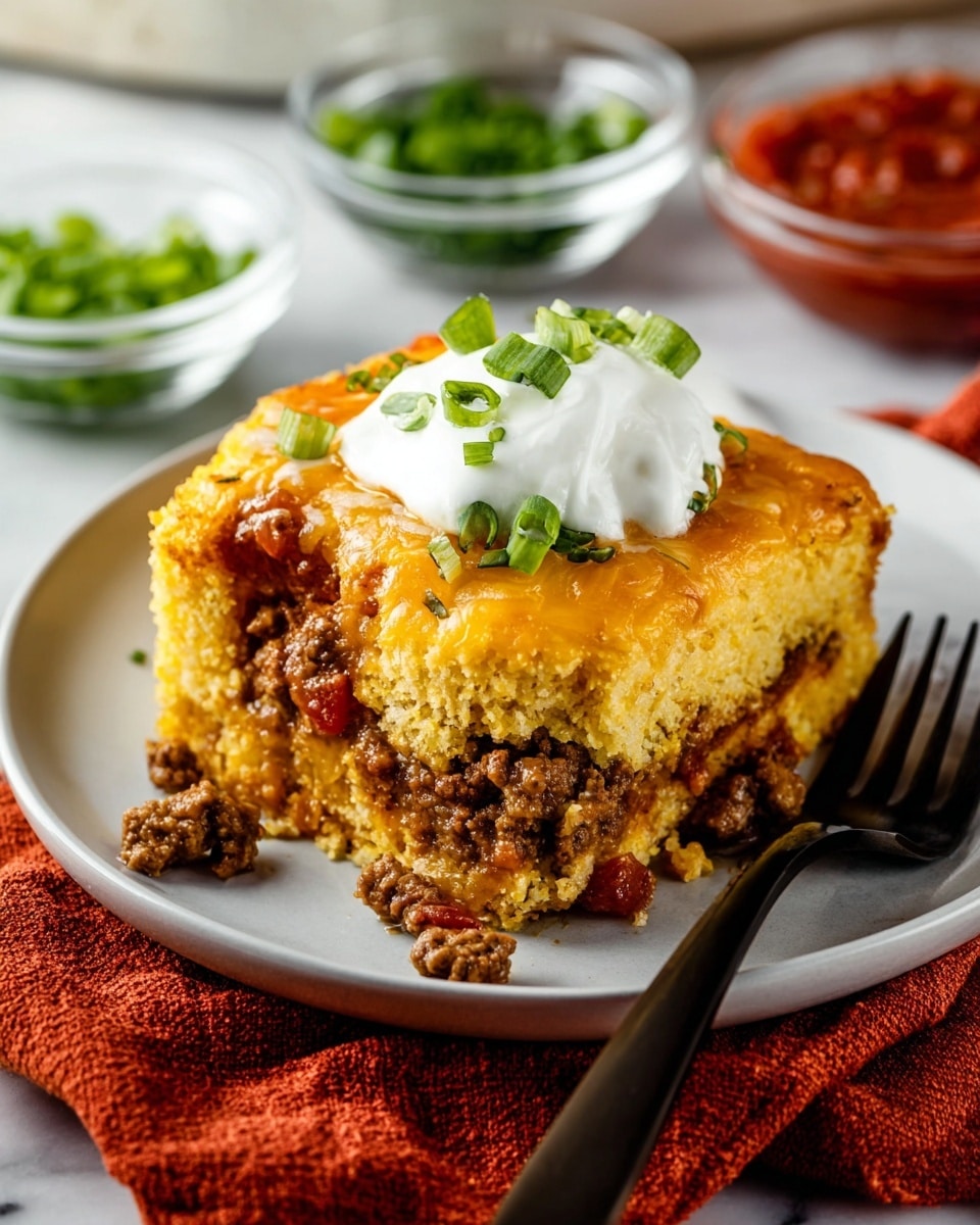 The image shows a single serving of a layered casserole on a white plate with a dark fork on the right side. The dish has three visible layers: the bottom layer is a crumbly, light yellow cornbread texture, the middle layer is a rich, brown ground meat mix with bits of red sauce visible, and the top layer is a golden melted cheese with a slightly crispy texture. A dollop of white sour cream sits on top, garnished with chopped green onions adding a fresh green color. The plate is on a white marbled surface with some blurred glass bowls containing chopped green onions and red salsa in the background, and an orange textured cloth is under the plate. photo taken with an iphone --ar 4:5 --v 7