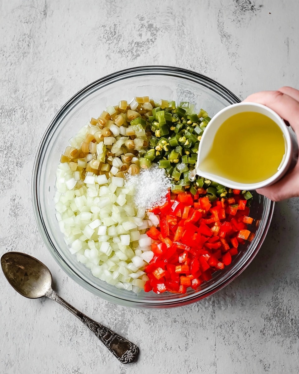 A clear glass bowl holds five separate layers of diced ingredients arranged side by side: light brown pickles in the top half, white onions on the left bottom, bright red bell peppers on the right bottom, small green jalapeño pieces in the middle, and finely chopped white garlic near the peppers. A small pile of white salt rests just above the garlic. A woman's hand on the right side pours light yellow liquid from a small white cup above the bowl. Below the bowl is a silver spoon on a white marbled surface. Photo taken with an iphone --ar 4:5 --v 7