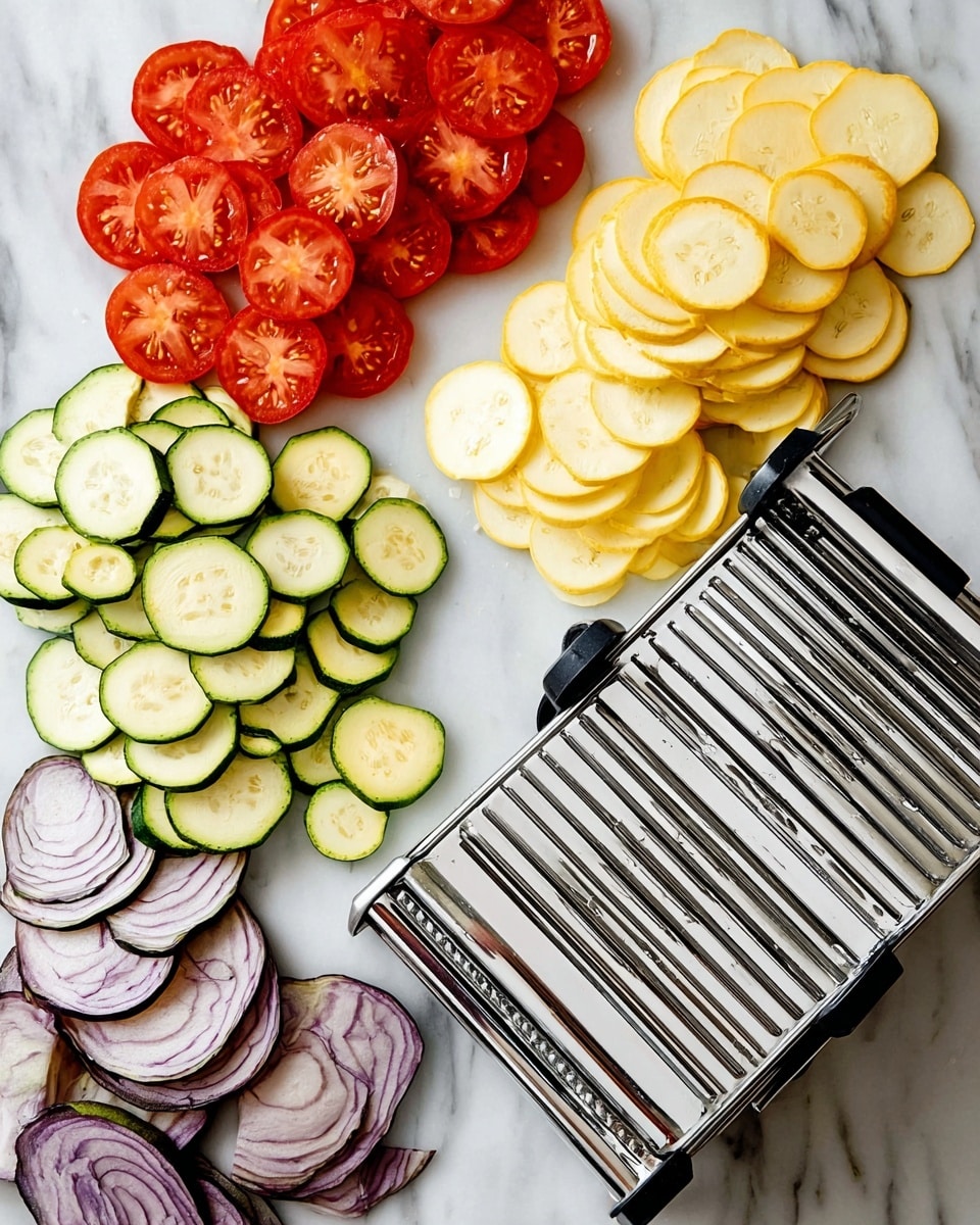 The image shows a white marbled surface with four groups of thinly sliced vegetables arranged around a stainless steel mandoline slicer. At the top left are bright red tomato slices with visible seeds and juicy texture. To the top right, there are pale yellow squash slices with a soft, smooth look stacked loosely. Below the squash, light green zucchini slices with darker green edges form a small scattered pile. At the bottom left, there are purple eggplant slices with light inner flesh and small seeds, layered in a neat stack. The mandoline slicer lies diagonally on the right side with a shiny metal body and black handles. Photo taken with an iphone --ar 4:5 --v 7